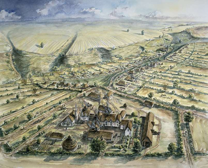Recreación artística de la villa de Wharram Percy. Imagen: Historic England